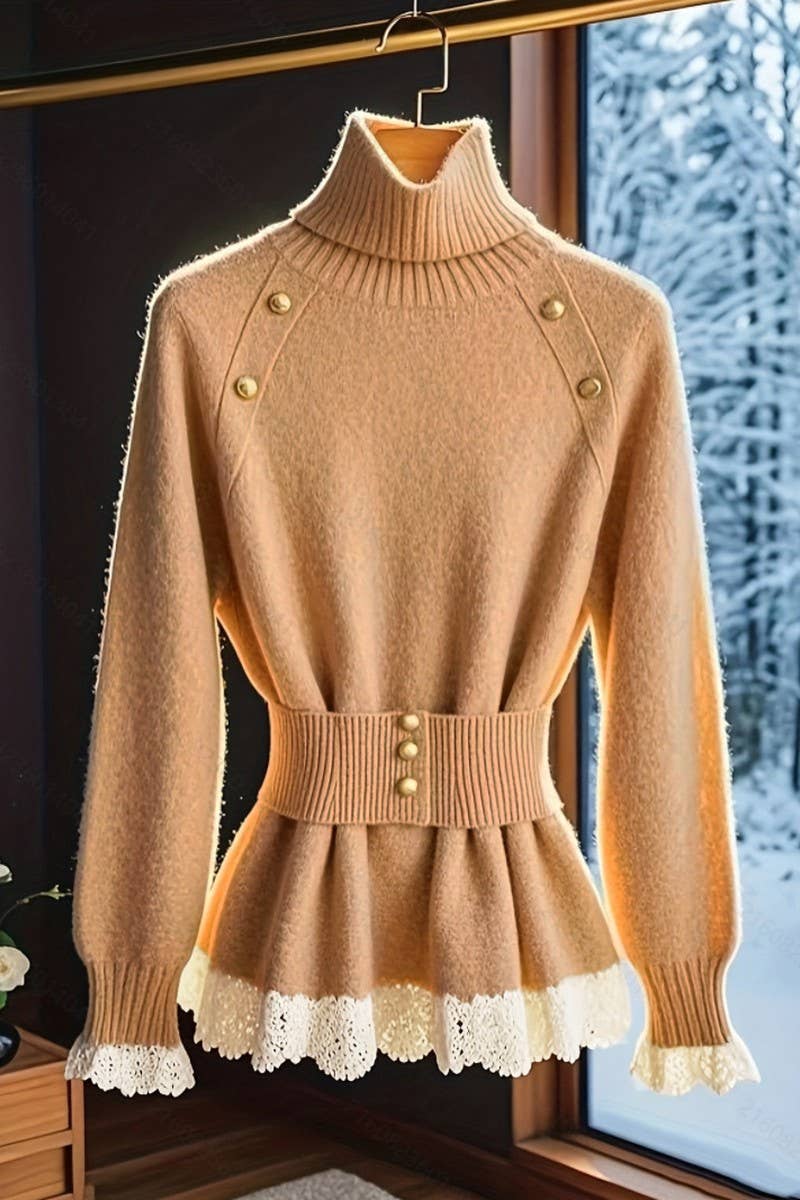 CWOSWL07446_LAPEL LACE PANELED BELTED KNITTED TOP