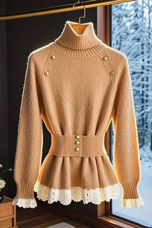 CWOSWL07446_LAPEL LACE PANELED BELTED KNITTED TOP