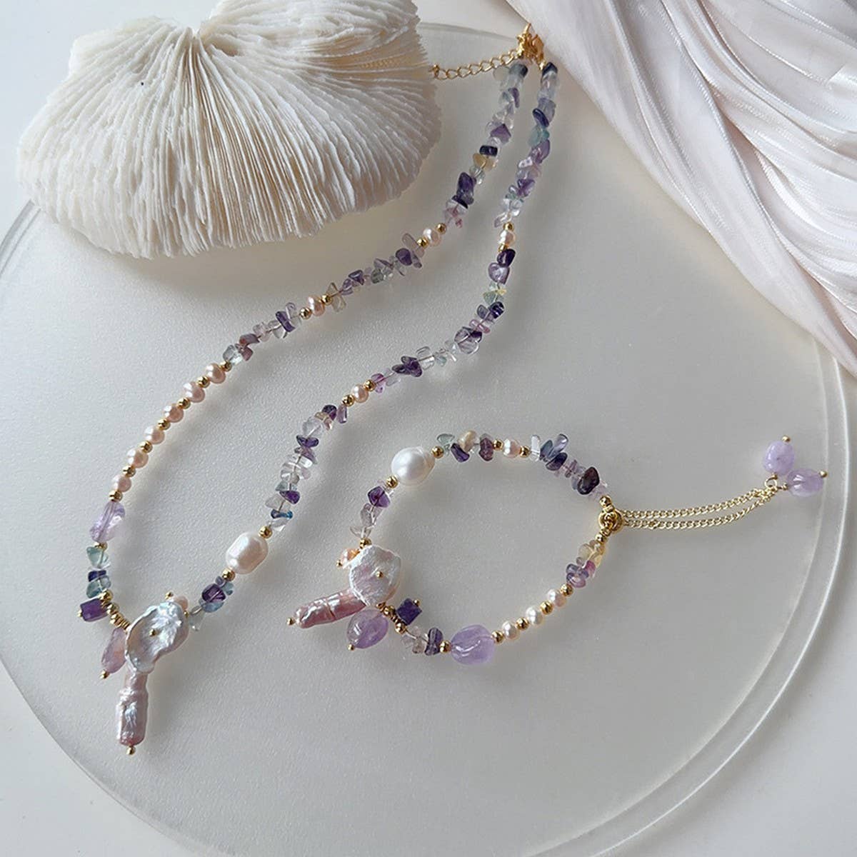 NATURAL STONE PEARL FRENCH NECKLACE BRACELET