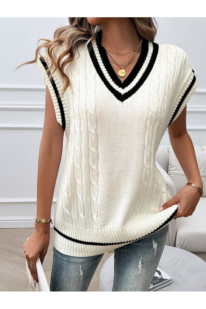 CWOV0435_Casual V-Neck Color Matching Knit Sweater Vest
