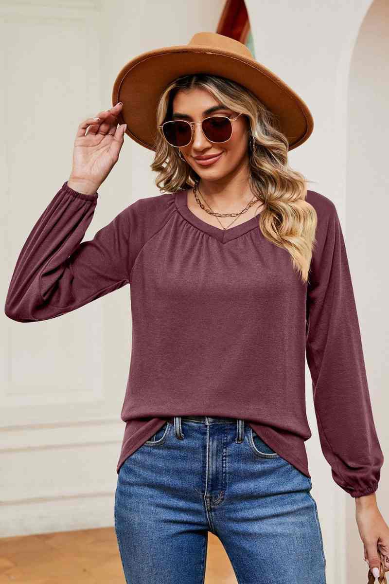 CWTBLL2840_CASUAL SOLID COLOR PLEATED LONG SLEEVE TOP