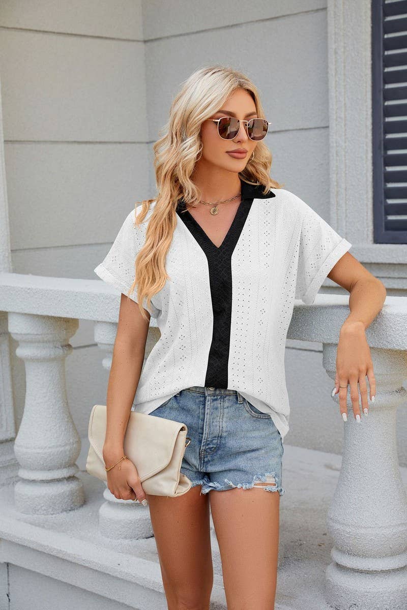 CWTTS0832_V-Neck Short Sleeve Knit Top