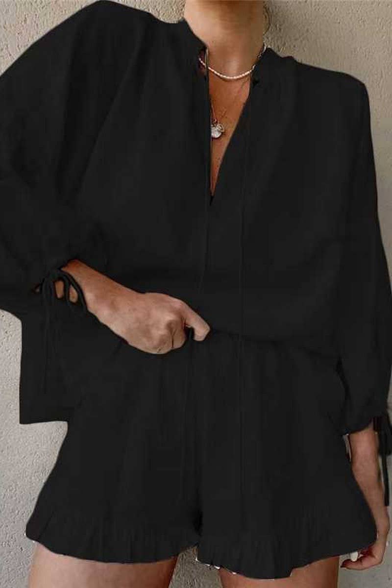 CWSS01300_V-NECK LOOSE LANTERN SLEEVE SHORTS TWO-PIECE SUIT