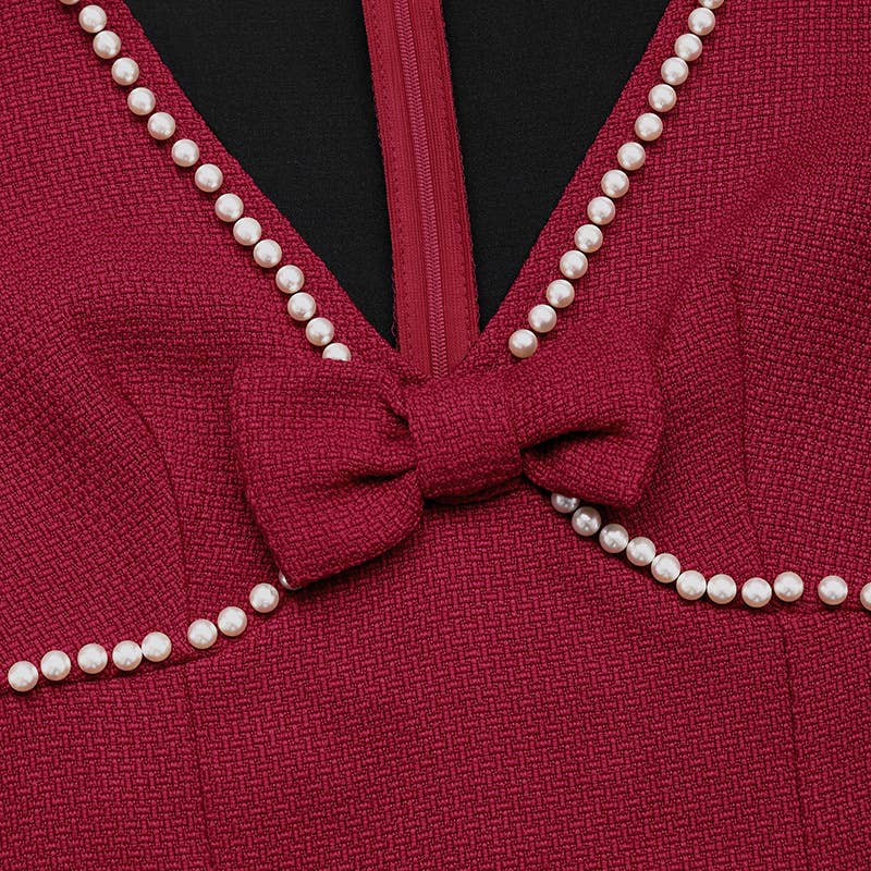 Bow pearl deep V-neck long-sleeved dress