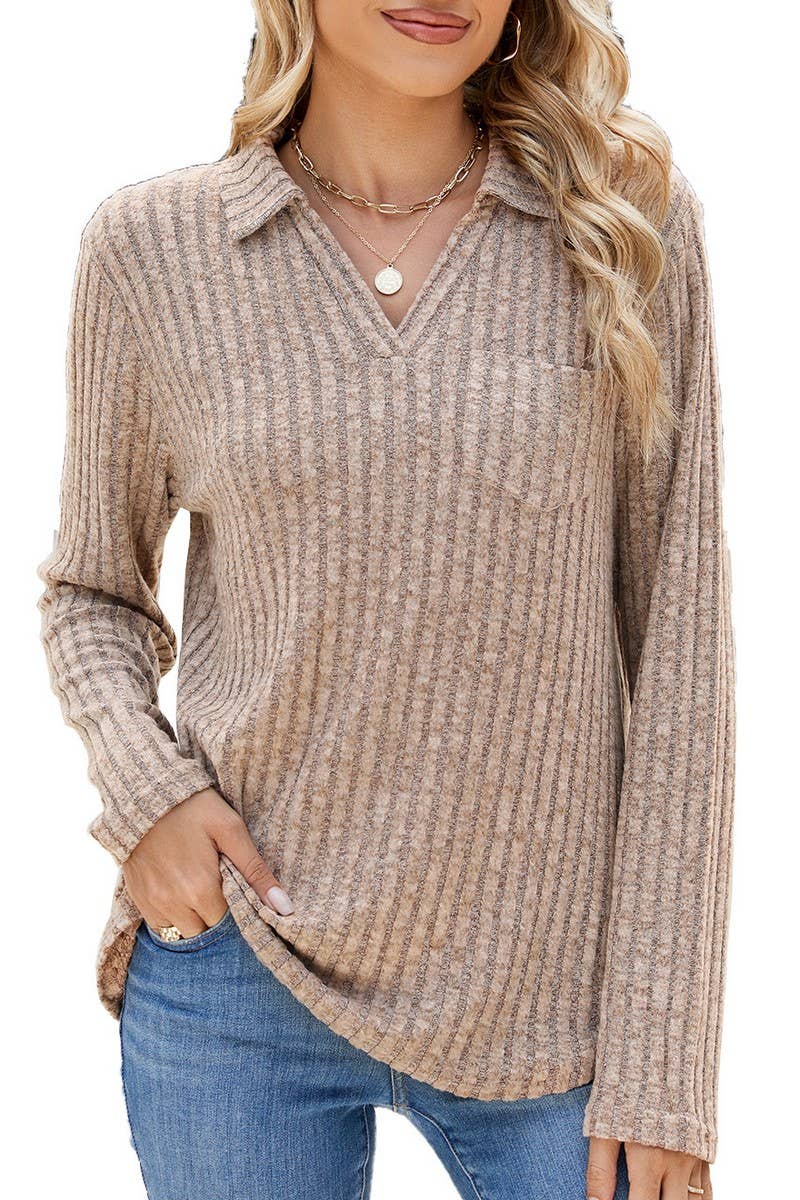 CWTBLL2329_SOLID COLOR LAPEL POCKET LONG SLEEVE LOOSE TOP