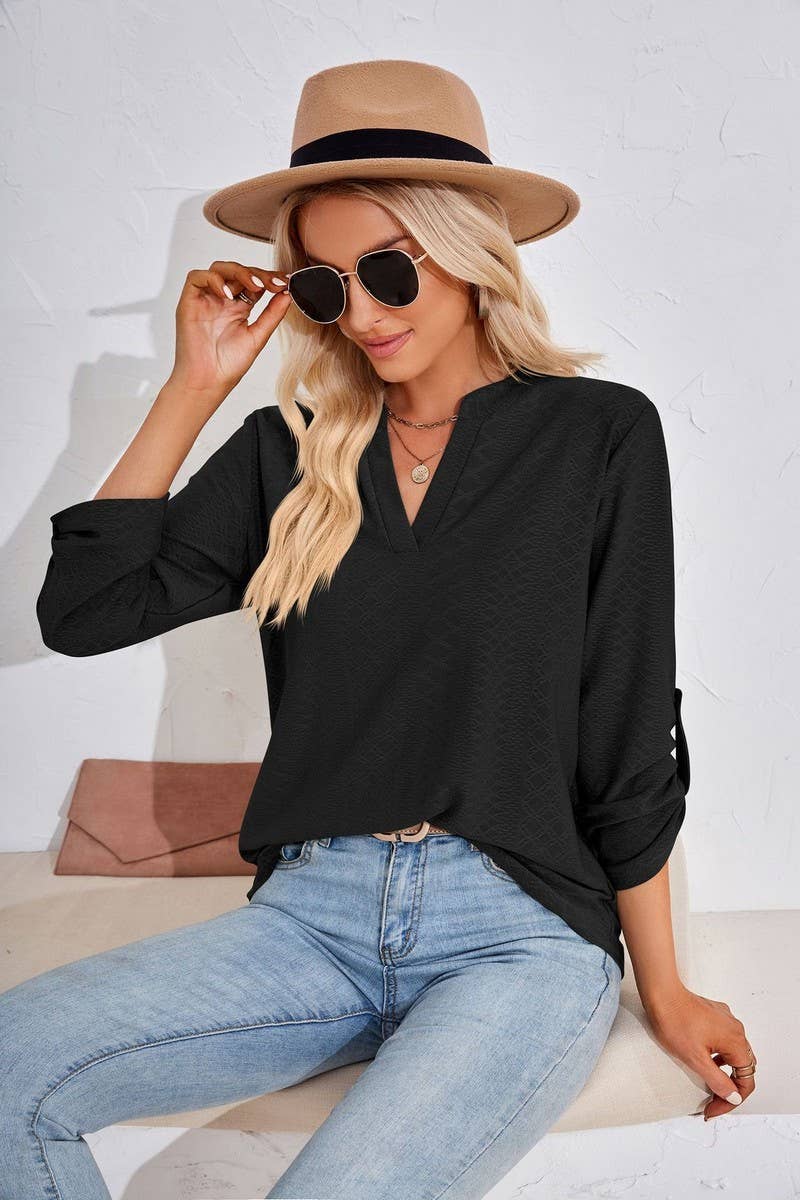 CWTSTL0856_V-neck Pullover Long Sleeve Top