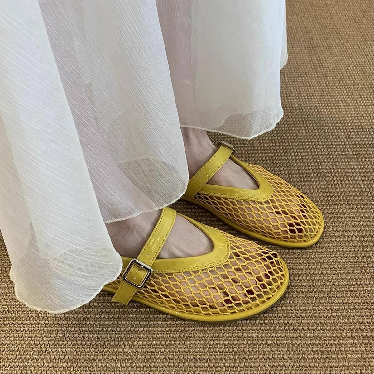 Flat Round Toe Mesh Mary Jane Ballet Sandals