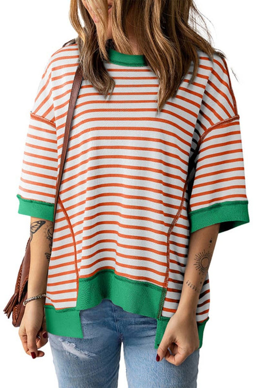 CWTBLS1225_STYLISH STRIPED PATCHWORK FIVE-SLEEVE TOP