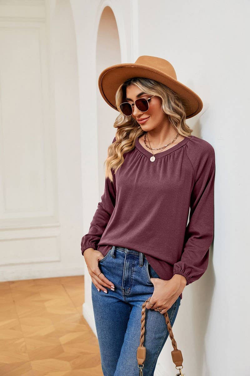 CWTBLL2370_LONG SLEEVE V NECK PLEATED LOOSE PULLOVER