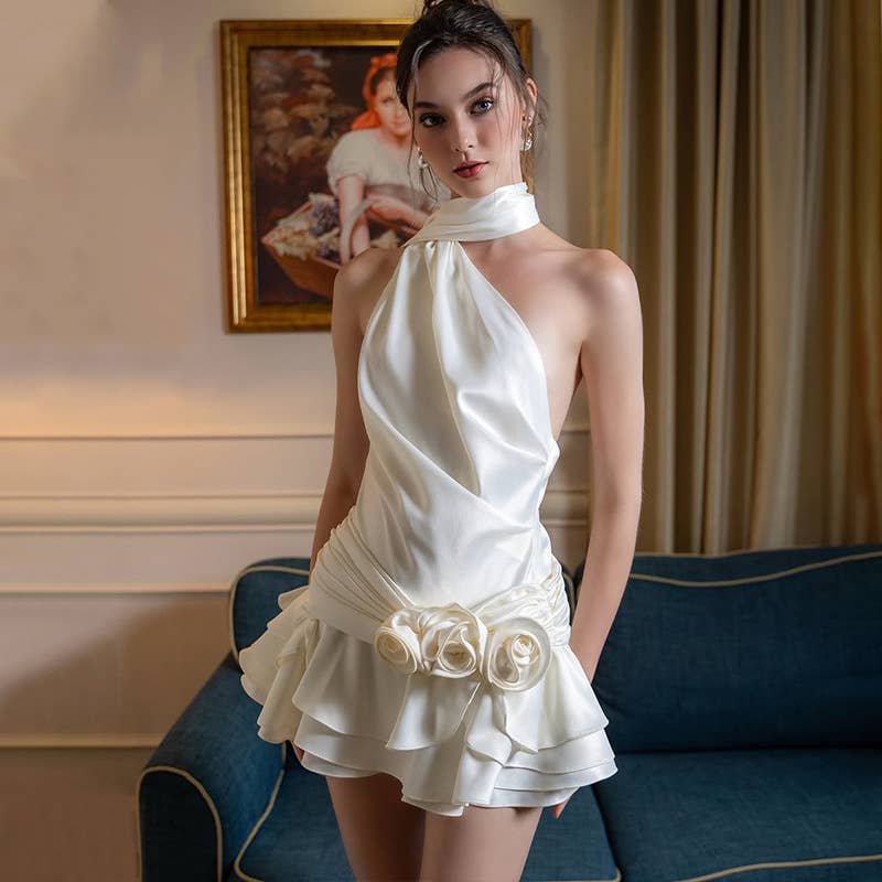 A French-style one-shoulder satin backless dress