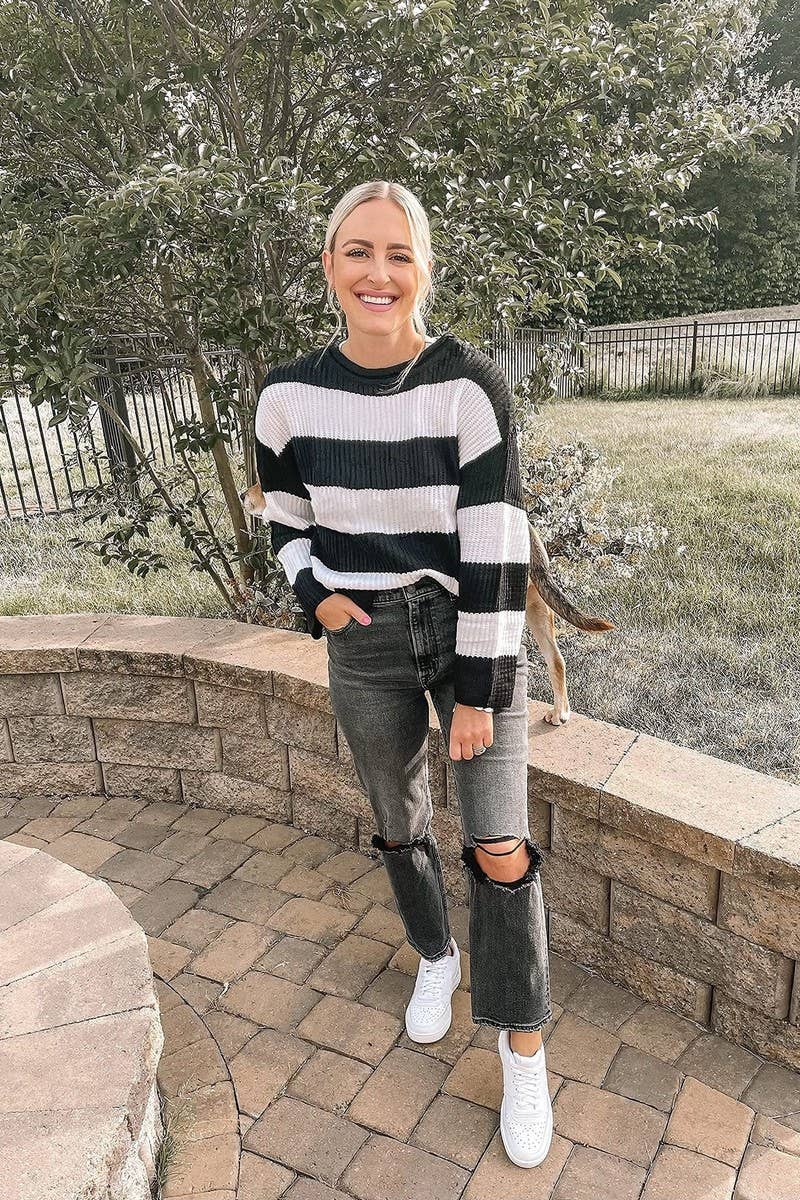 CWOSWL5734_STRIPED LOOSE CREW NECK LONG SLEEVE SWEATER TOP