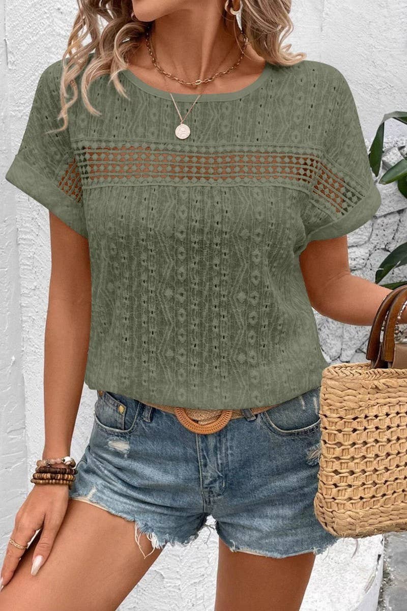 CWTBLS2265_LACE HOLLOW OUT BATWING SLEEVE T-SHIRT