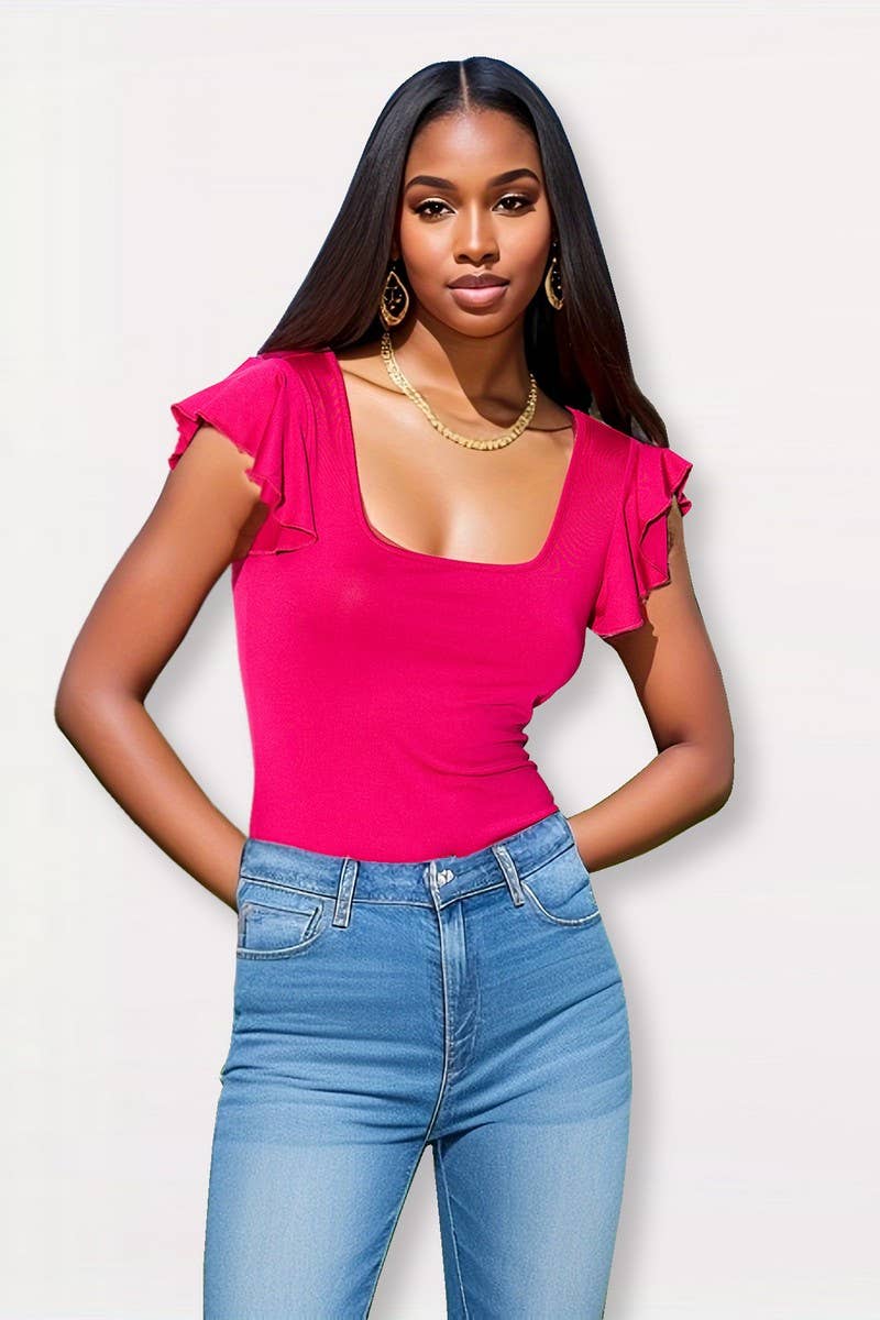 CWTBLS1910_RUFFLE SLEEVE SQUARE NECK SLIM FIT SUMMER TOP