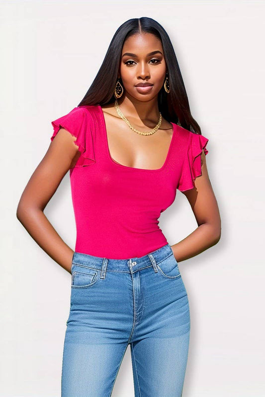 CWTBLS1910_RUFFLE SLEEVE SQUARE NECK SLIM FIT SUMMER TOP