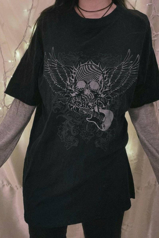 CWTBLL3164_FAKE TWO-PIECE STITCHING PRINTED SKULL TOP