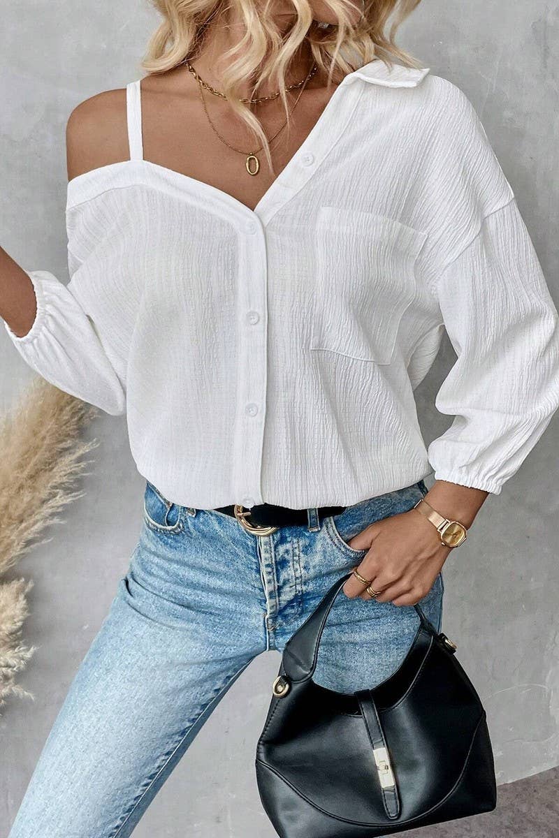 CWTSTL2794_LAPEL OFF-SHOULDER TEXTURED SINGLE-BREASTED SHIRT