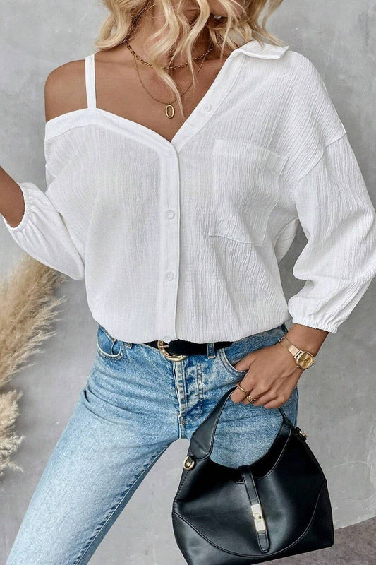CWTSTL2794_LAPEL OFF-SHOULDER TEXTURED SINGLE-BREASTED SHIRT