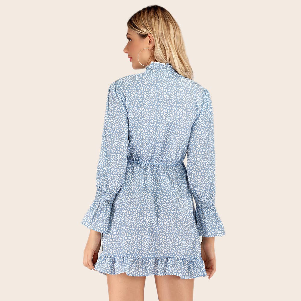 Casual high neck strap floral ruffled trim dress