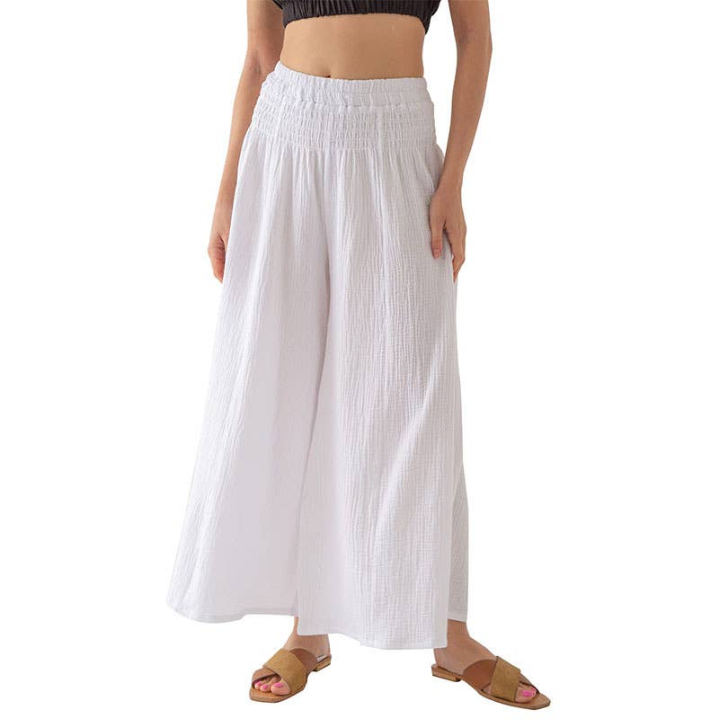 ELASTIC HIGH-WAISTED COTTON WIDE-LEG PANTS