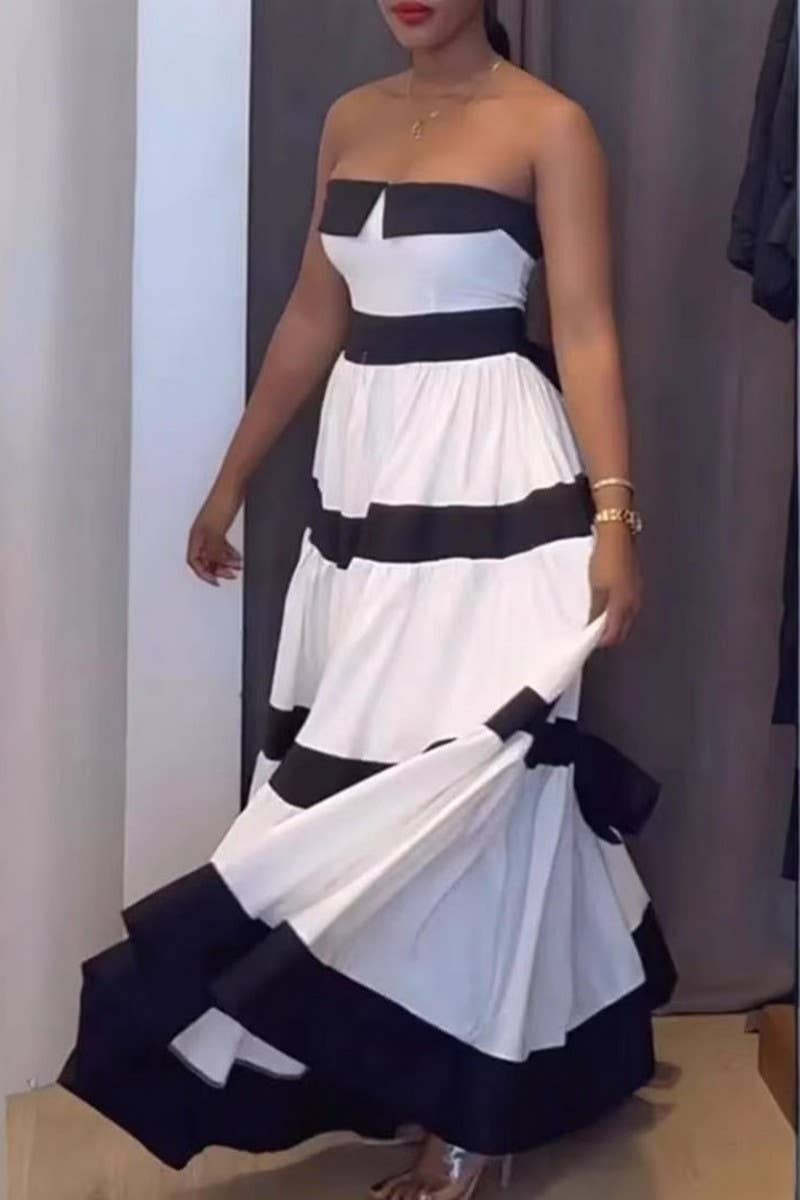 CWDTD0476_STRIPED COLORBLOCK BOW STRAPLESS DRESS