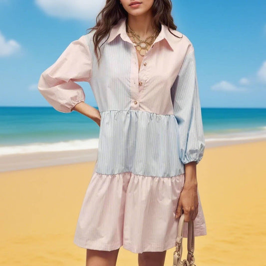 Color-blocking striped lapel lantern sleeve dress