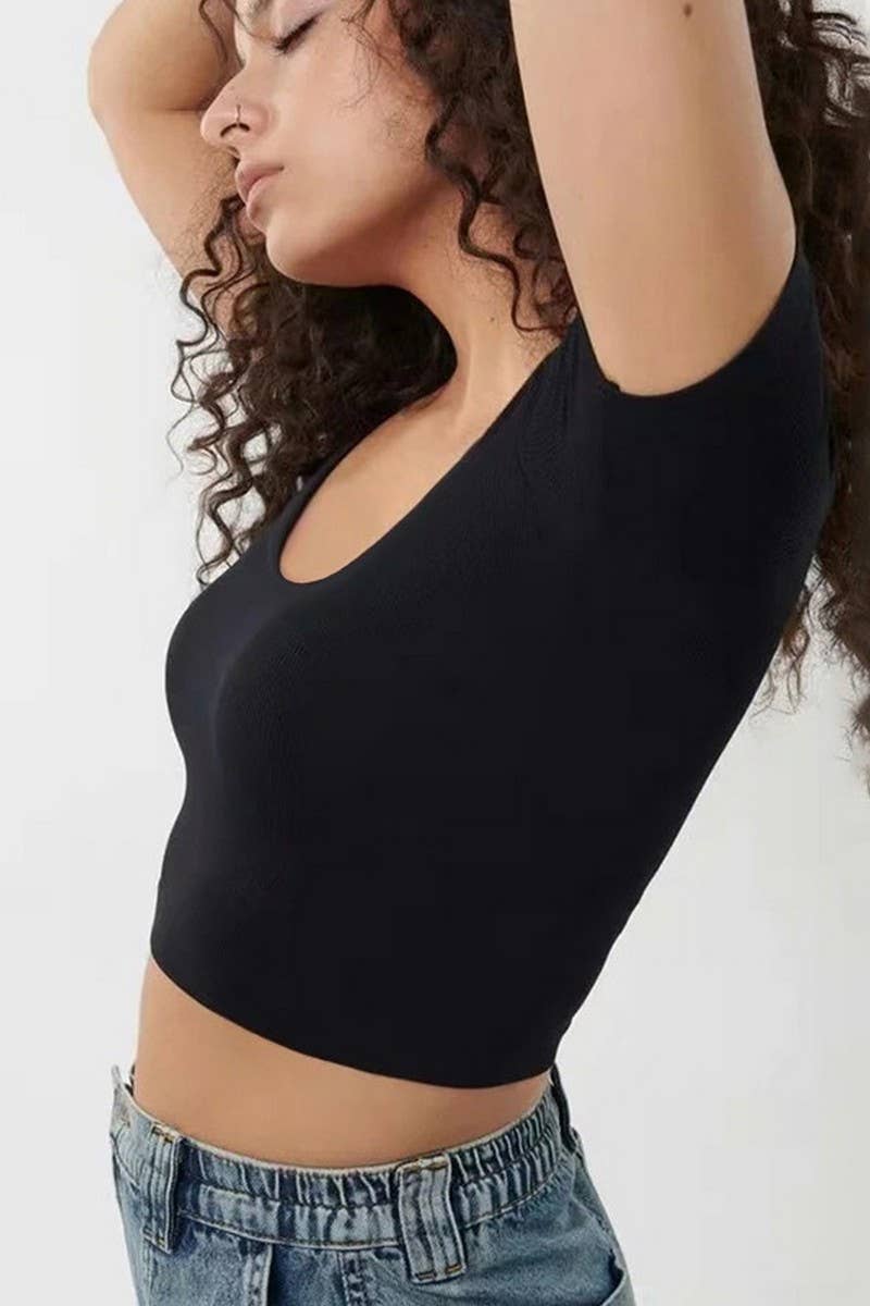 CWTTS1347_U-NECK SHORT-SLEEVED SLIM FIT NAVEL-BARING TOP