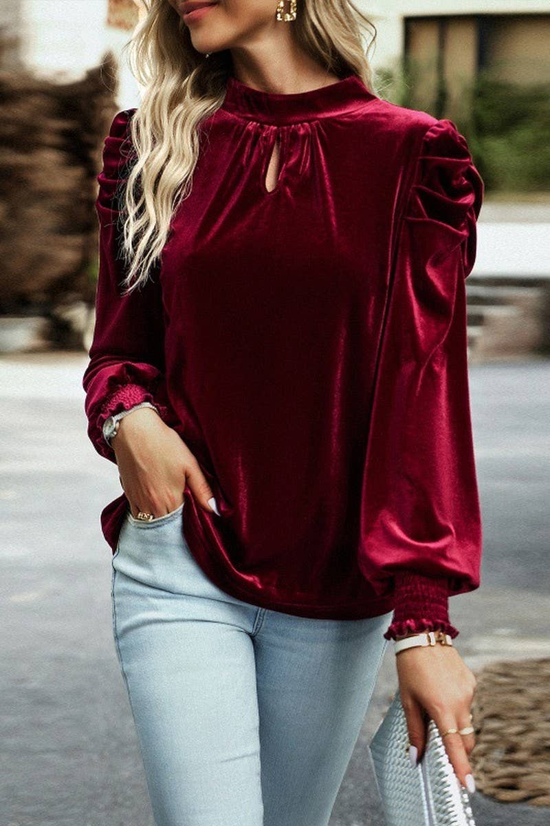 CWTBLL2790_VELVET PUFF SLEEVE TEMPERAMENT LONG SLEEVE TOP