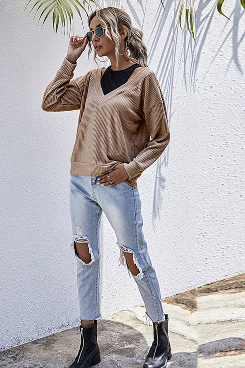 FASHION FAKE TWO PATCHWORK SOLID COLOR KNITWEAR