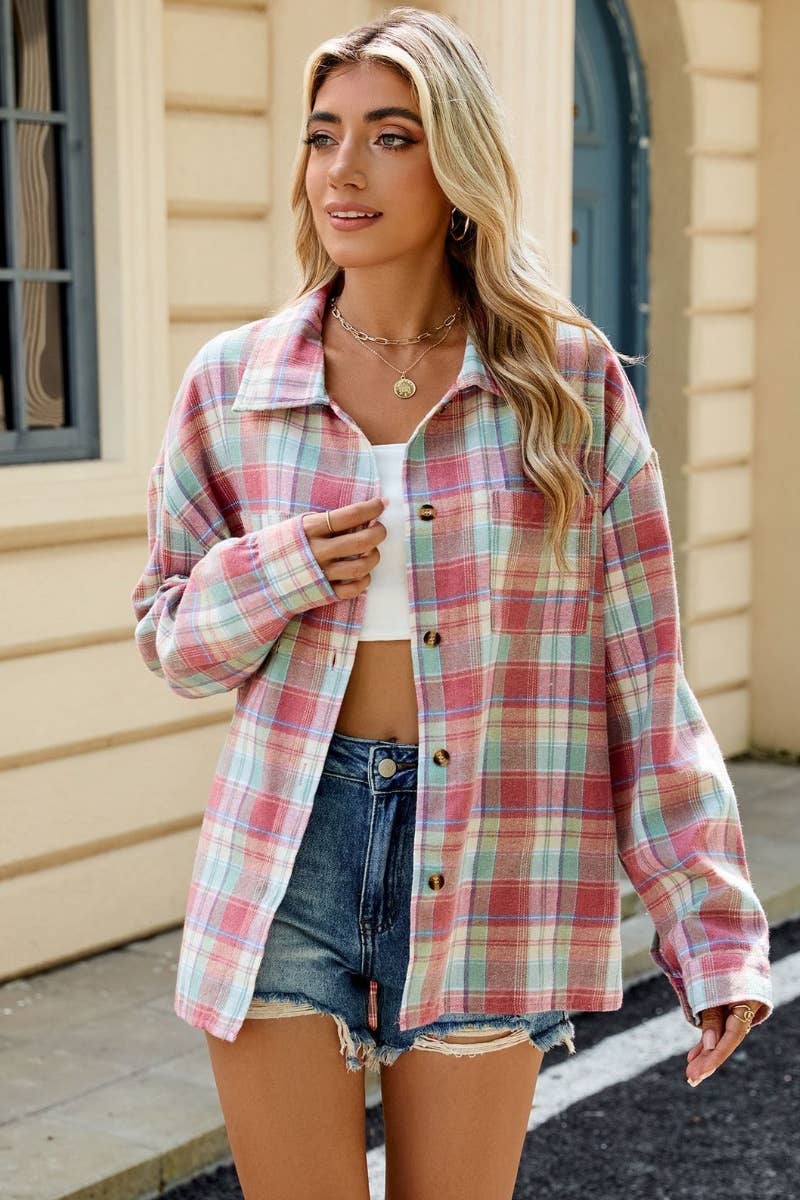 CWTSTL1711_STYLISH LONG SLEEVE POCKET PLAID SHIRT TOP