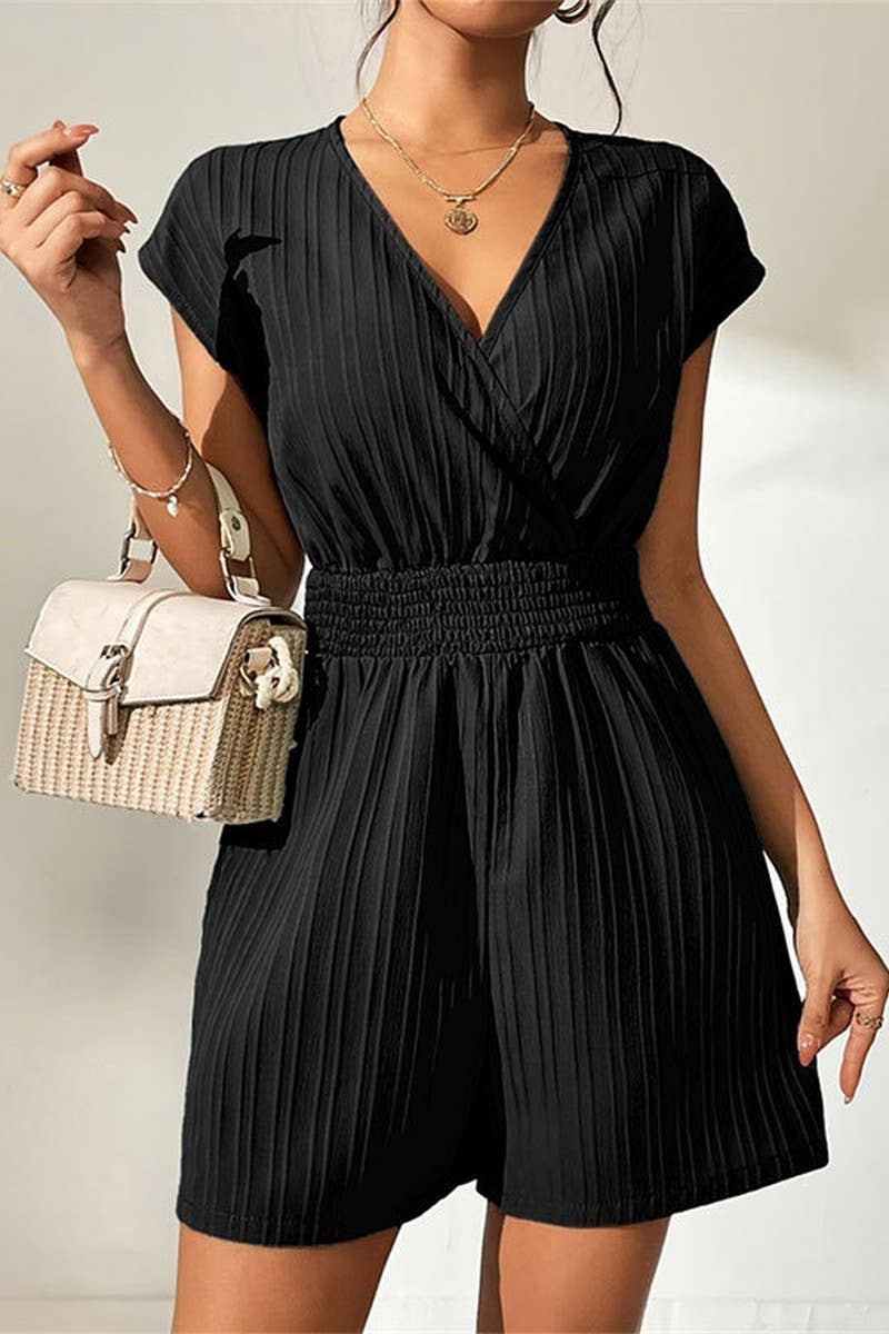 CWSJS1514_SOLID COLOR STRIPED CROSS-NECK BOW TIE JUMPSUIT