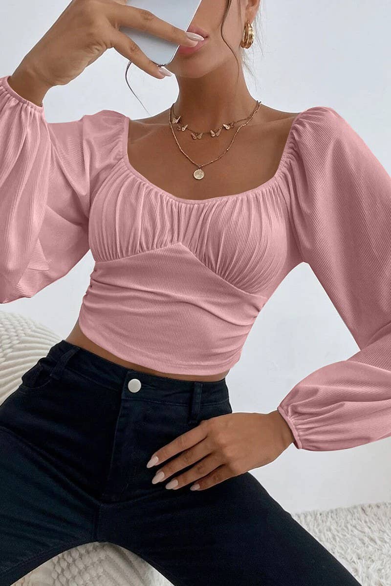 CWTBLL2226_SQUARE NECK LANTERN SLEEVES SHORT SOLID COLOR TOP