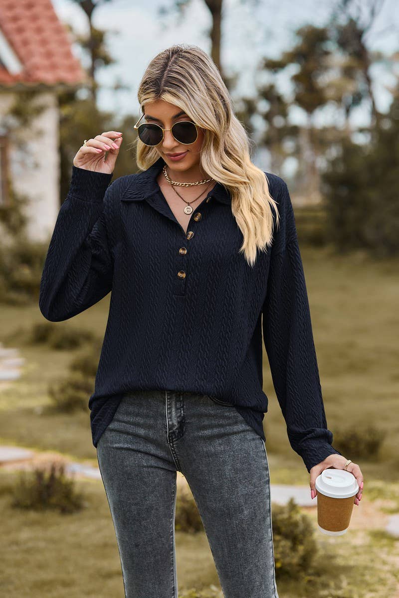 CWTBLL2415_SOLID COLOR LAPEL BUTTON LOOSE LONG SLEEVE TOP