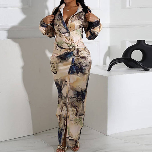 CASUAL PRINT PLEATED HIGH-WAISTED V-NECK DRESS