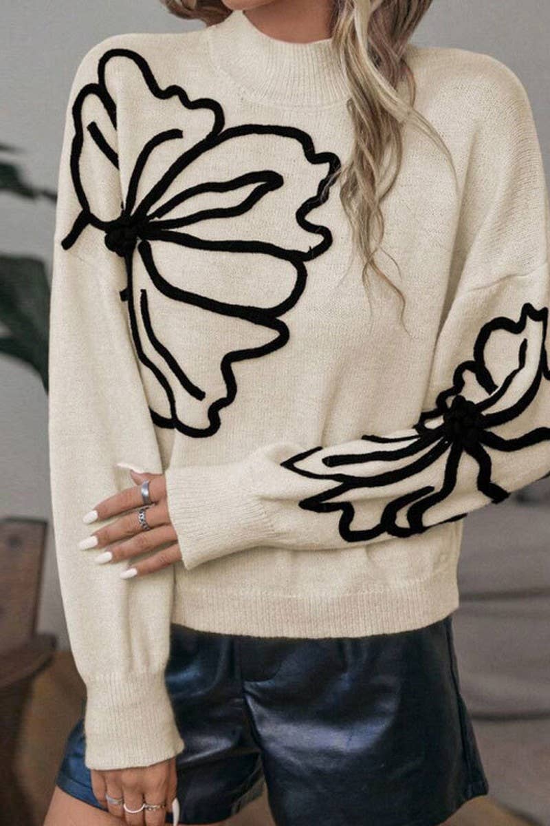 CWOSWL07303_EMBROIDERED 3D FLORAL HIGH NECK KNIT SWEATER