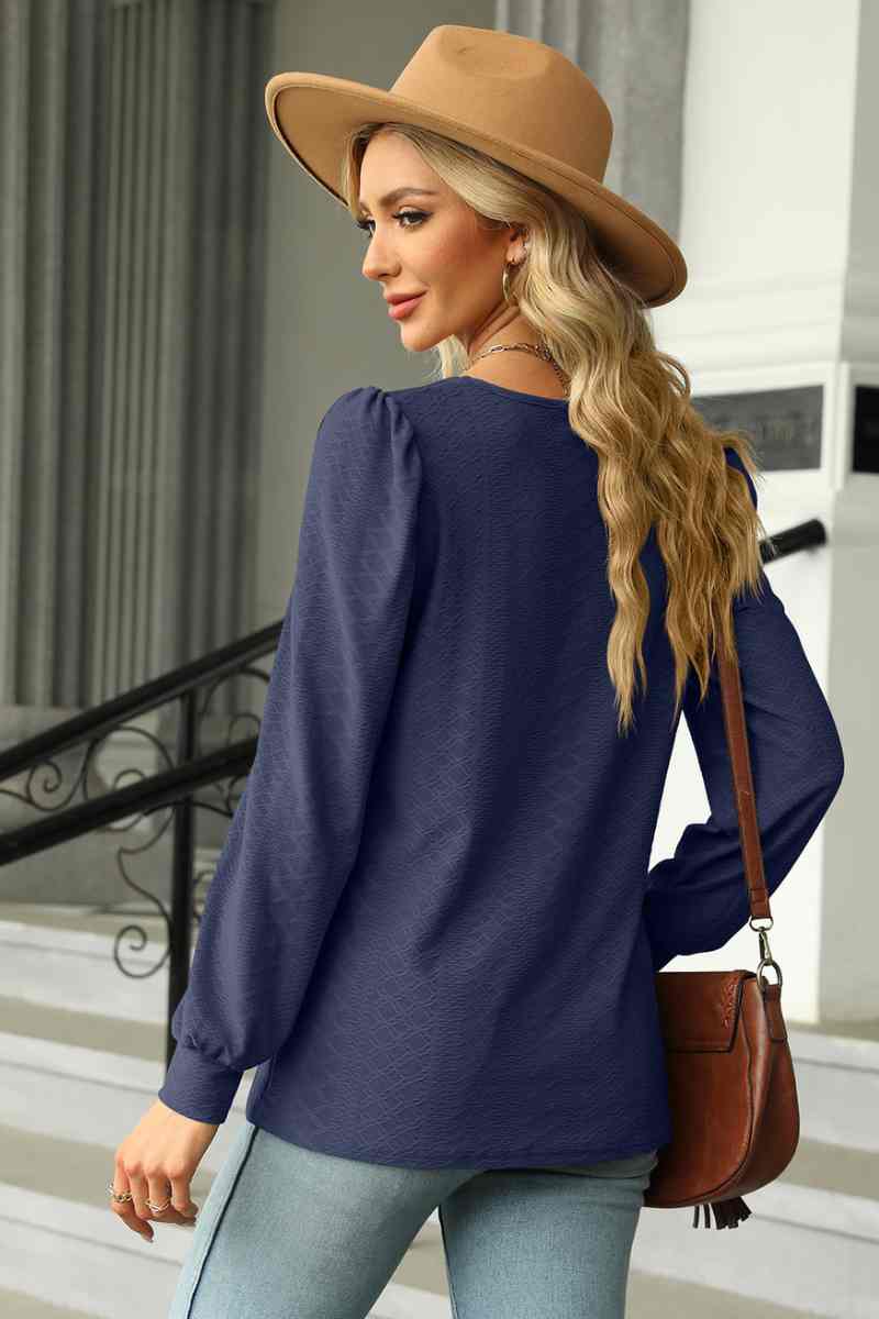 CWTBLL2832_AUTUMN SQUARE NECK JACQUARD LONG-SLEEVED TOP