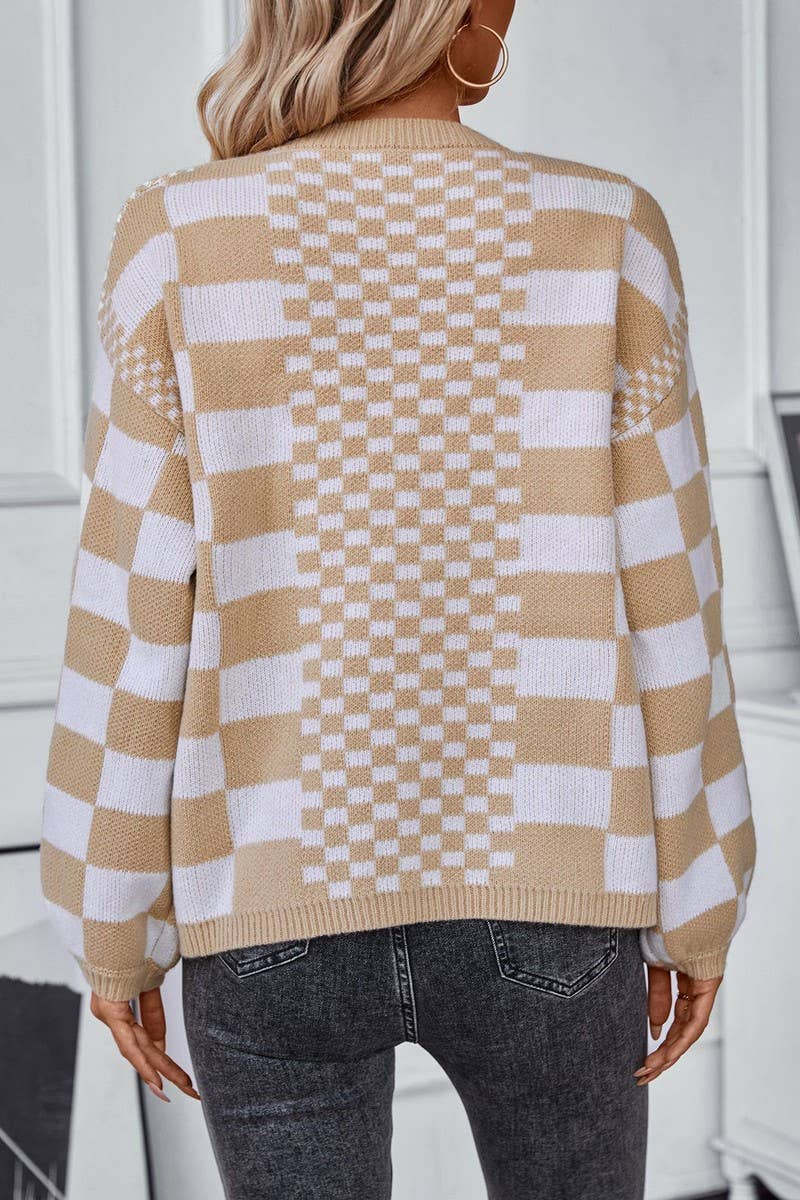 CWOCAL0867_CONTRAST CHECK BALLOON SLEEVE KNITTED CARDIGAN