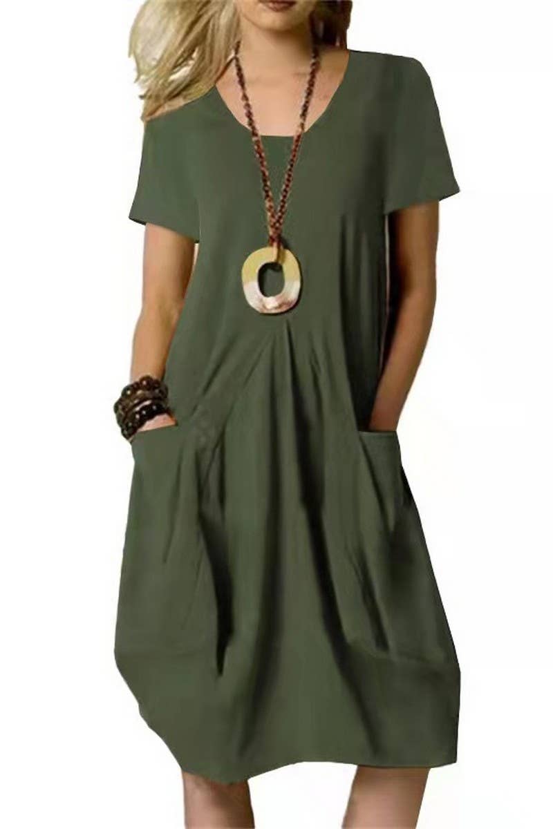 CWDSD10633_WOMEN'S LOOSE ROUND NECK SHORT SLEEVE DRESS