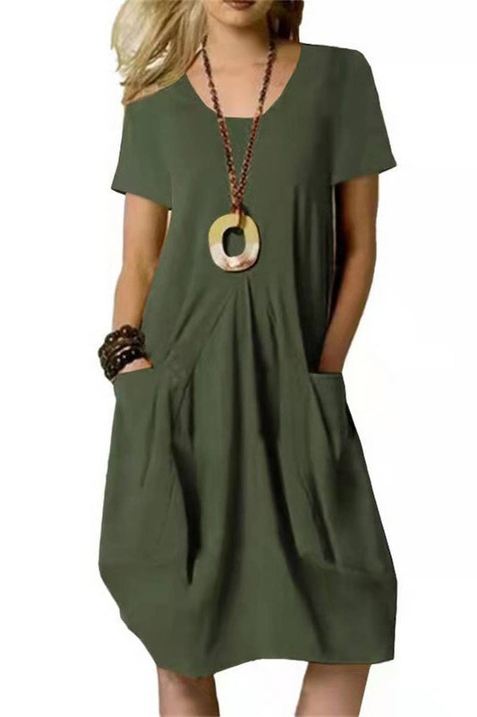 CWDSD10633_WOMEN'S LOOSE ROUND NECK SHORT SLEEVE DRESS