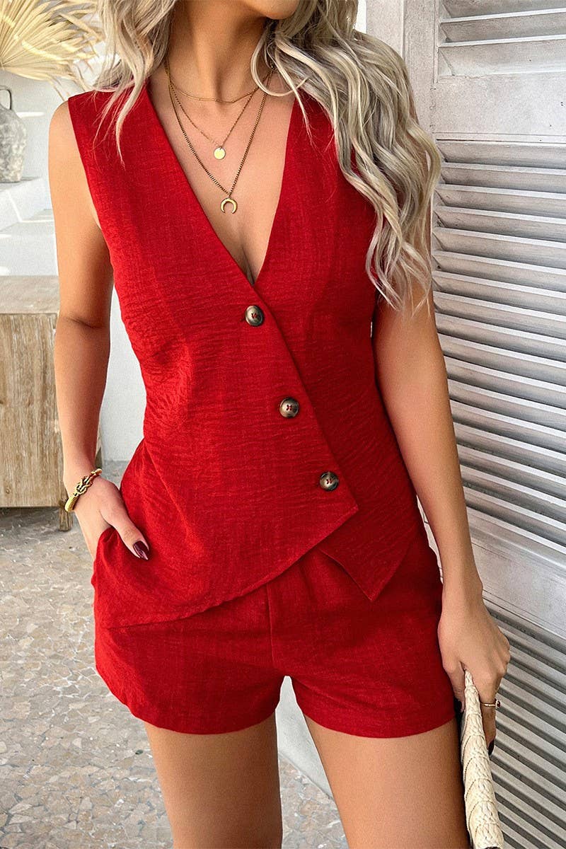 CWSS1191_HOLIDAY STYLE BUTTON CARDIGAN SHORTS SET