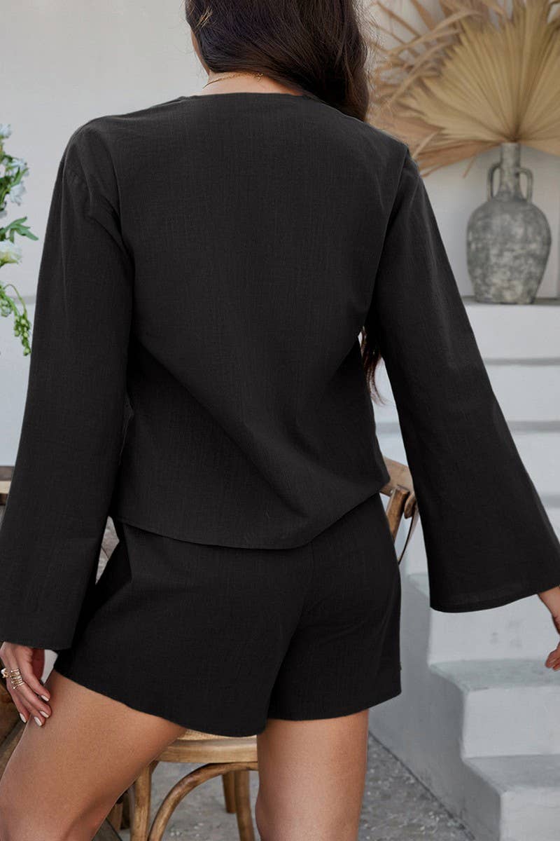 CWSTB1576_SOLID COLOR CARDIGAN LONG-SLEEVED TOP SHORTS SET