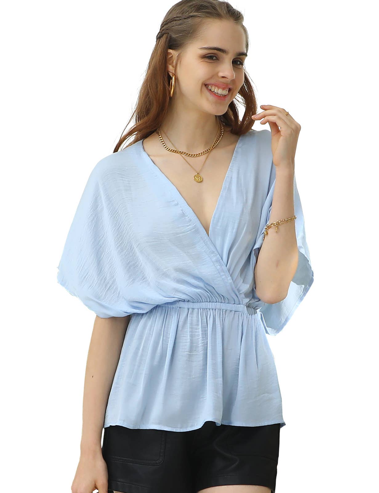 CWTBLS205_V NECK BATWING SLEEVE SLIK BLOUSE TOP