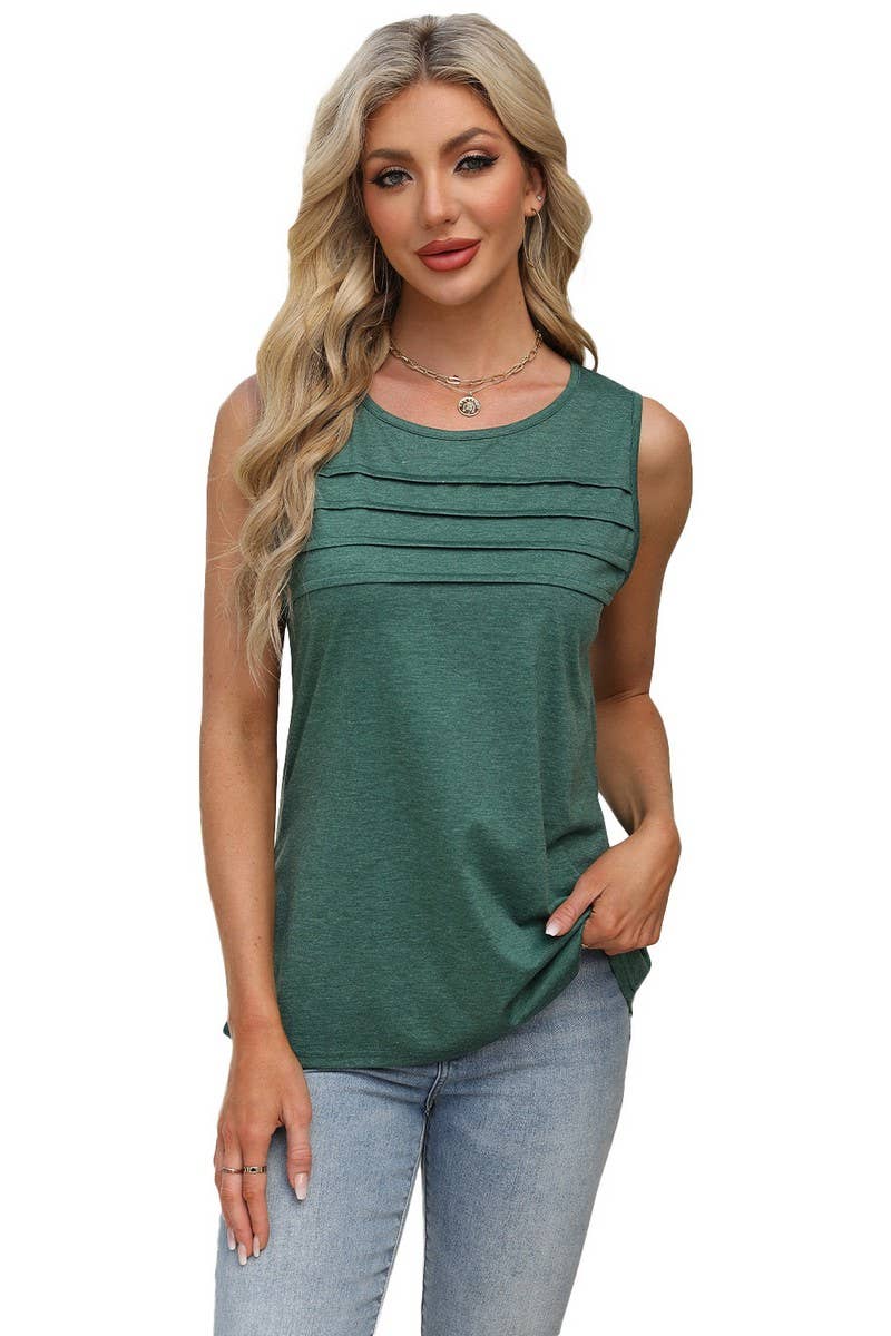 CWTBLSL0668_SOLID COLOR U-NECK PLEATED VEST T-SHIRT TOP