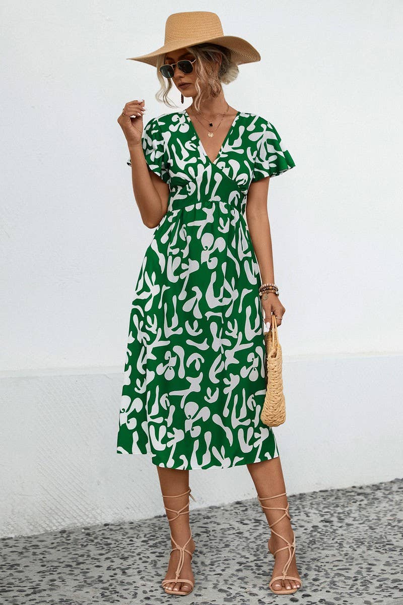 CWDSD7114_SUMMER COMFORTABLE CASUAL V-NECK DRESS