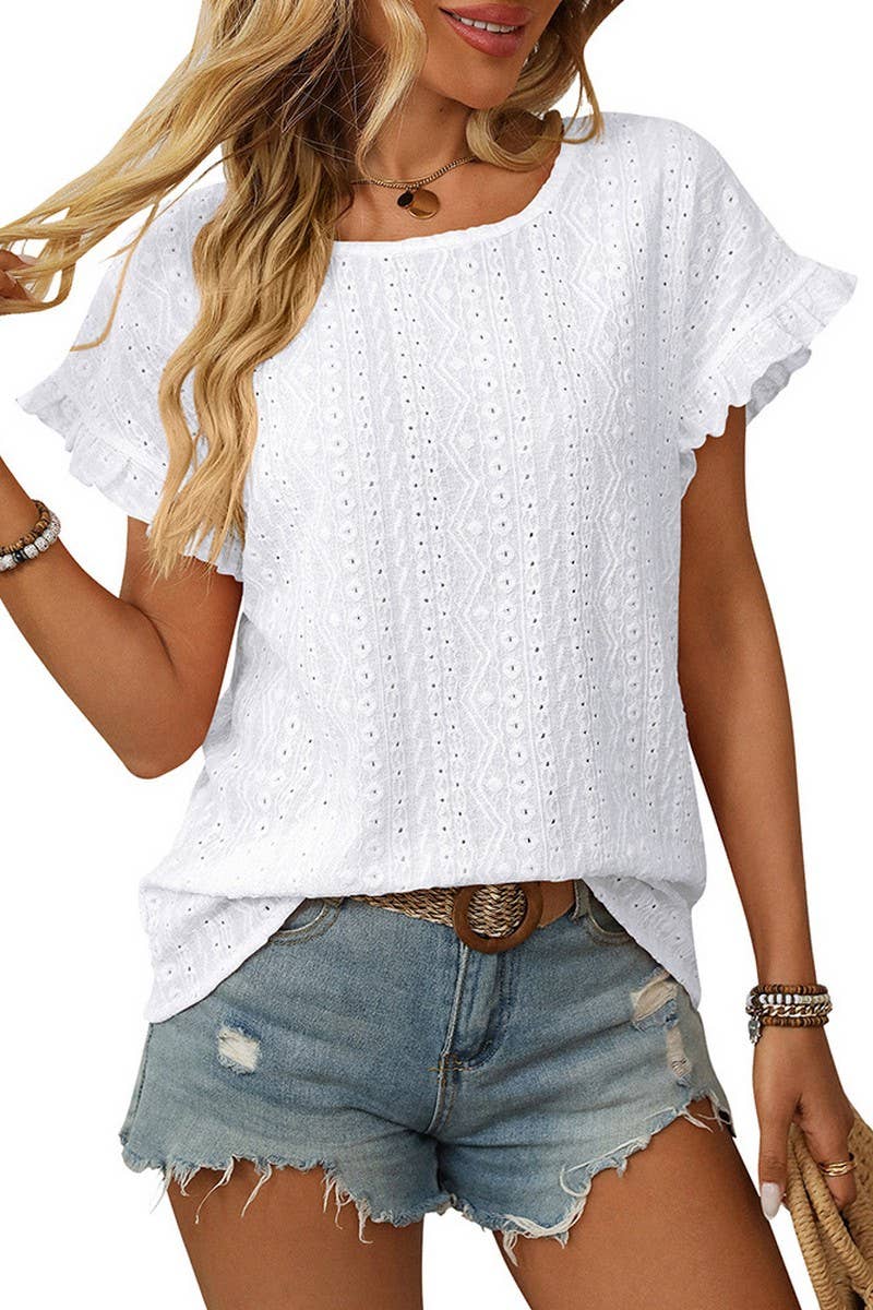 CWTBLS1710_SOLID COLOR ROUND NECK SHORT SLEEVE HOLLOW TOP
