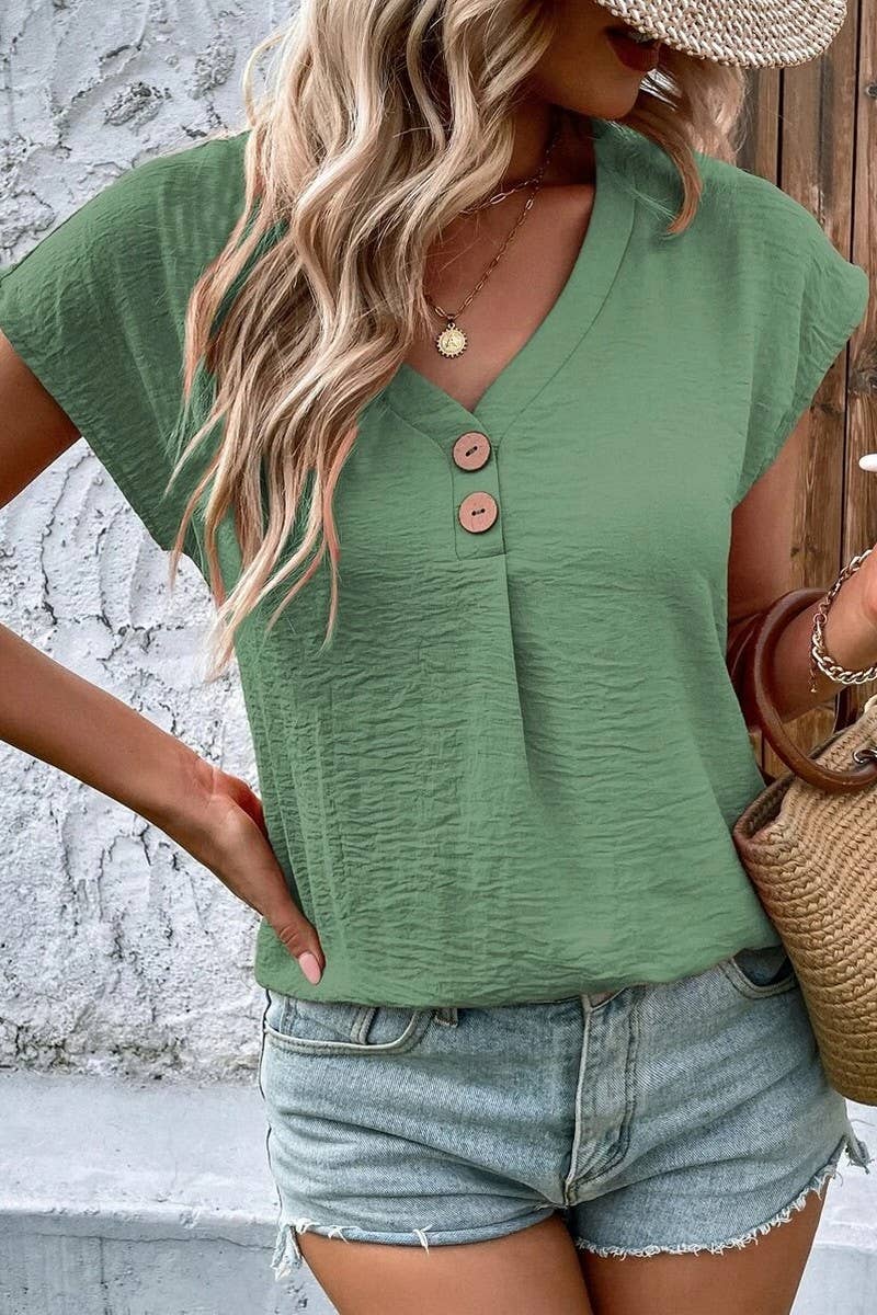 CWTBLS1822_SUMMER V-NECK BUTTON-DOWN LOOSE CASUAL SHIRT