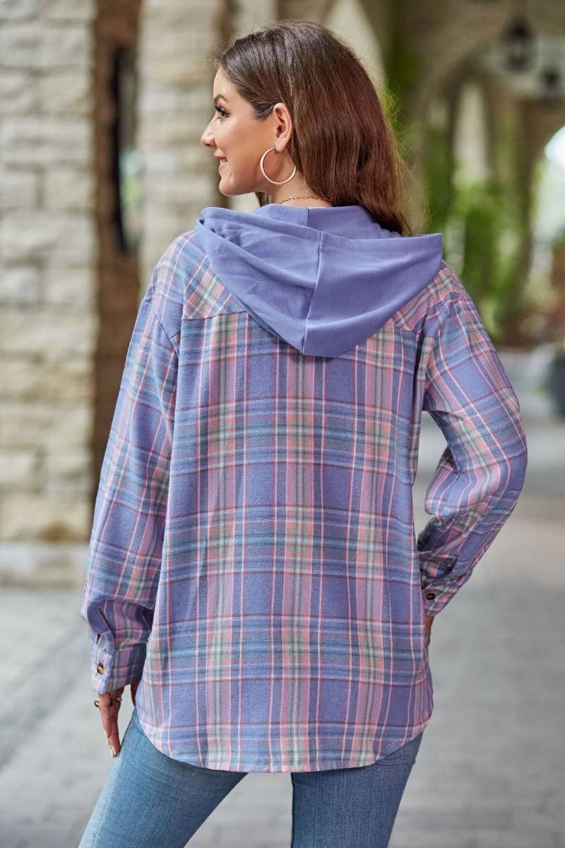 CWTSTL1718_FALL CASUAL LONG-SLEEVED HOODED PLAID SHIRT TOP