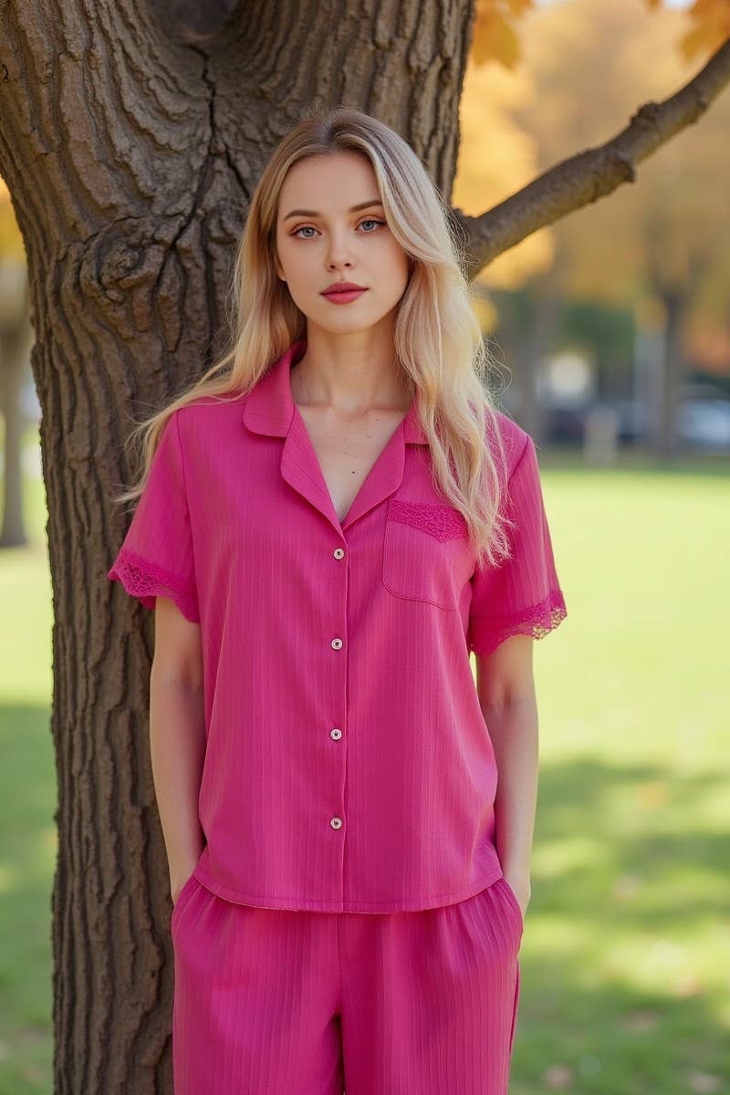 CWSPJ0427_WAVY STRIPE LACE TRIM SHORT SLEEVES PAJAMA SET