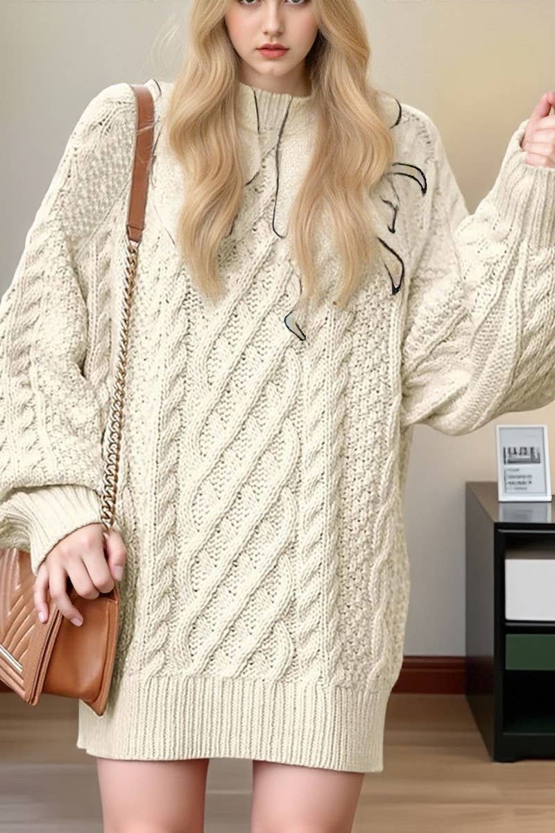 CWOSWL07630_SOLID ROUND NECK LOOSE MIDI KNIT SWEATER