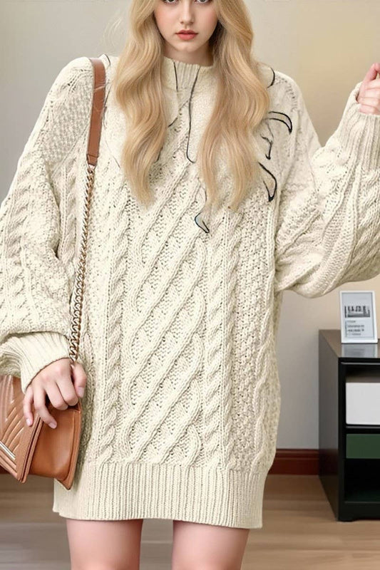CWOSWL07630_SOLID ROUND NECK LOOSE MIDI KNIT SWEATER