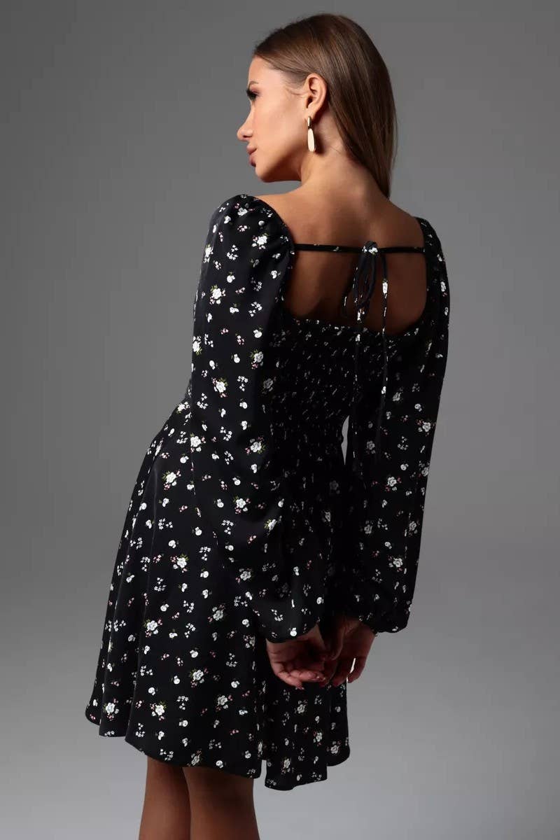 CWDSD8401_FLORAL PUFF SLEEVE TIE WAIST LINED MIDI DRESS